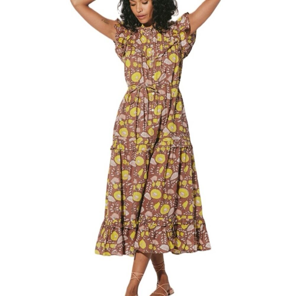 Cleobella Harper Midi Dress Brown Yellow Floral Print size large NO BELT